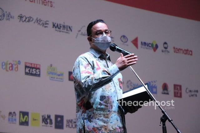 Gubernur DKI Jakarta, Anies Baswedan memberikan sambutan pada Pembukaan Jakarta Film Week 2021, Kamis (18/11) malam. Foto: Dok: Pemprov DKI Jakarta