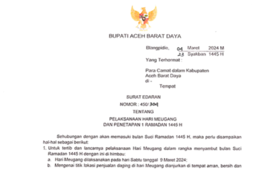 Tangkapan layar Surat Edaran Pj Bupati Abdya. (Dok. TAP)